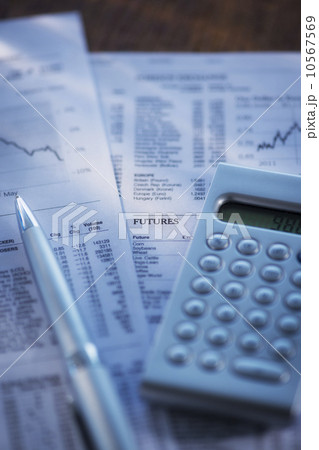 Studio Shot of calculator, pen and documents 10567569