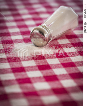 Salt shaker on checked tablecloth 10568332
