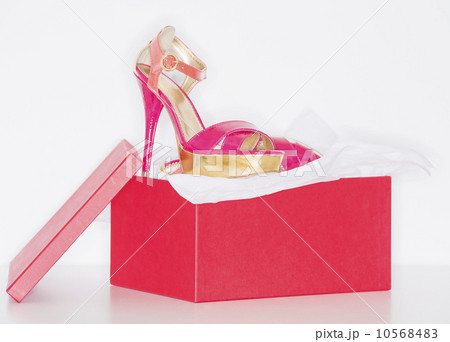 Studio shot of dress shoe in pink shoe box 10568483