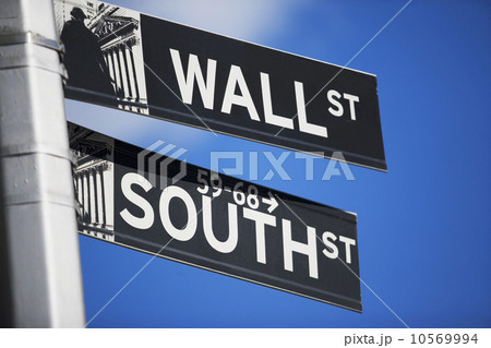 Close up of street signs in the Financial District, New York City 10569994