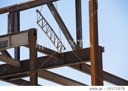 Low angle view of steel beams at construction site 10571078