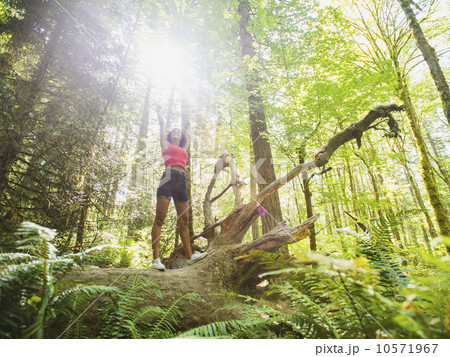 Young woman standing on log in forest 10571967