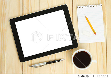 Tablet PC, cup of coffee with office supplies. Tablet PC, cup of coffee with office supplies. 10576623
