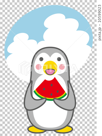 スイカを食べるペンギンのイラスト素材