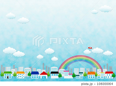 空とぶ傘 虹 街 3 ヨコ のイラスト素材