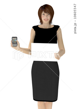 ボードを持ってスマホの案内する女性 成用背景透過 ３DCG イラスト素材 
