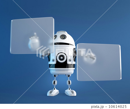 Robot pushing a button on digital vurtual screen 10614025