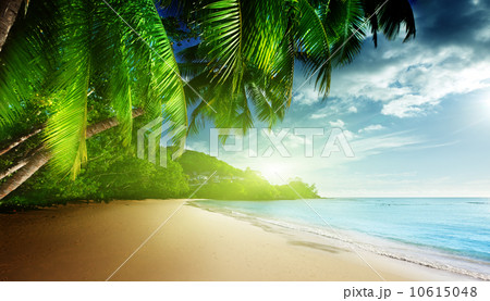 sunset on beach Anse Takamaka of Mahe island, seychelles sunset on beach Anse Takamaka of Mahe island, seychelles 10615048