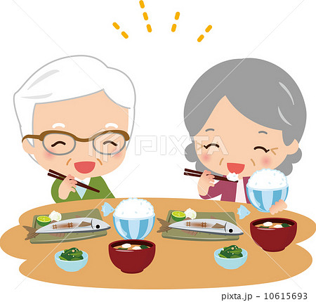 食事をする笑顔の老夫婦のイラスト素材