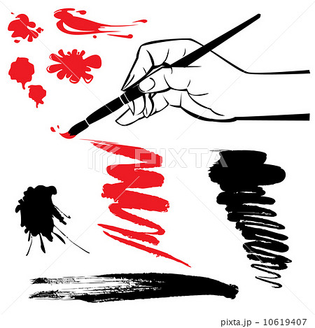 set of black and red blots and hand with brush on the white back 10619407
