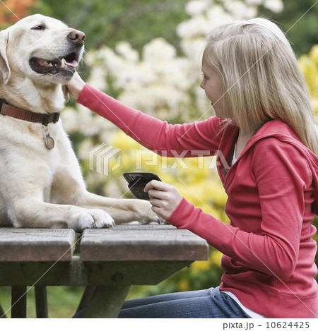 Girl petting dog sitting on picnic table Girl petting dog sitting on picnic table 10624425