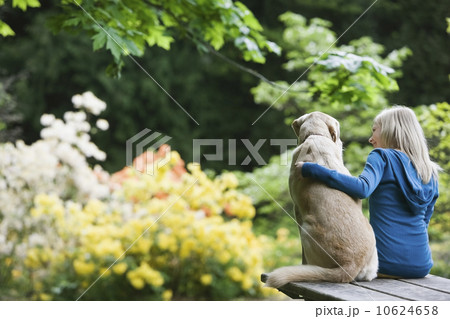 Girl and dog sitting together on picnic table Girl and dog sitting together on picnic table 10624658