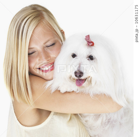Studio Shot, Portrait of young woman holding dog 10631175