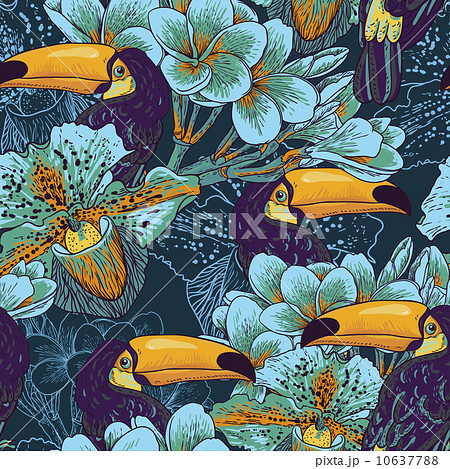 Tropical seamless parrern with flowers and Toucan Tropical seamless parrern with flowers and Toucan 10637788