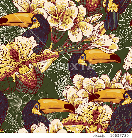 Tropical seamless parrern with flowers and Toucan Tropical seamless parrern with flowers and Toucan 10637789