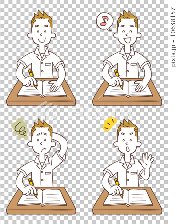 勉強する学生4種類のポーズと表情 （夏服） 10638157