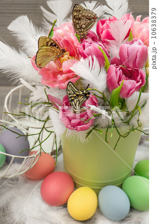 tulip flowers with butterflies and easter eggs tulip flowers with butterflies and easter eggs 10638379