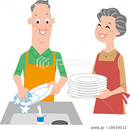 シニア夫婦で皿洗いのイラスト素材