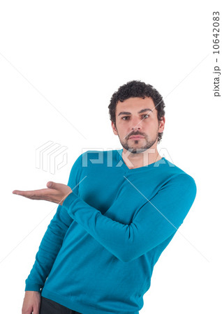 Man in blue holding a hand palm up Man in blue holding a hand palm up 10642083
