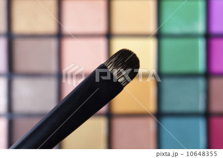Make-up brush against eye shadow palette, studio shot 10648355