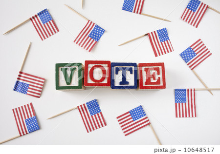 Studio shot of small american flags and wooden blocks with text VOTE Studio shot of small american flags and wooden blocks with text VOTE 10648517