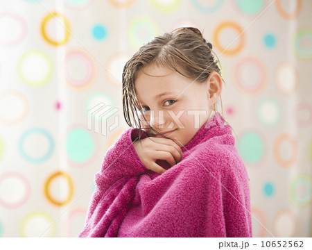USA, Utah, Lehi, portrait of girl (10-11) wrapped in towel USA, Utah, Lehi, portrait of girl (10-11) wrapped in towel 10652562