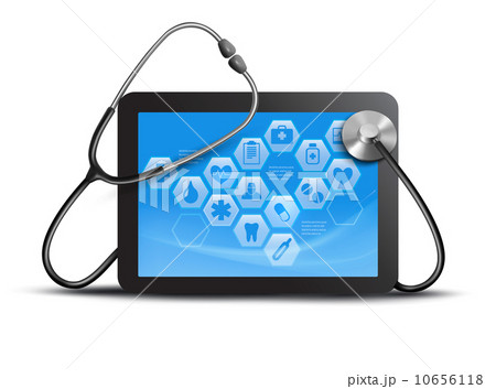tablet screen with medical icons and stethoscope. Vector. 10656118