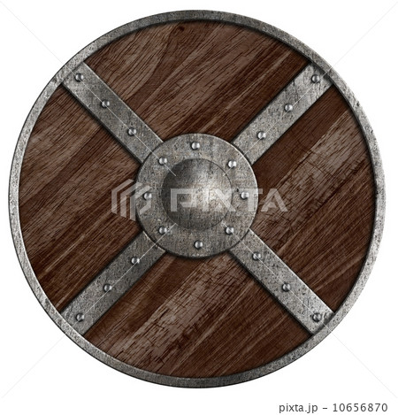 Medieval vikings round wooden shield isolated on white 10656870