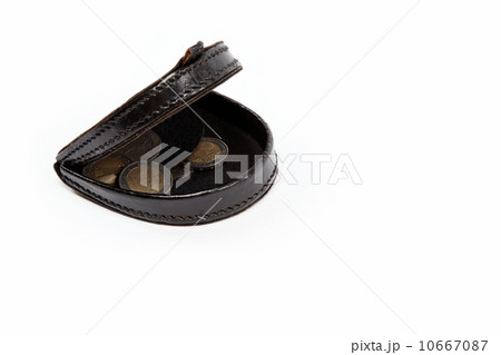 Black purse with metal coins on white background. 10667087