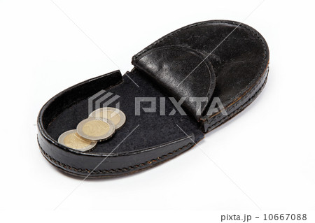 Black purse with metal coins on white background. 10667088