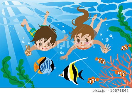 海に潜る子供 熱帯魚のイラスト素材