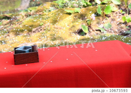 赤い布が敷かれた野点のテーブル 10673593