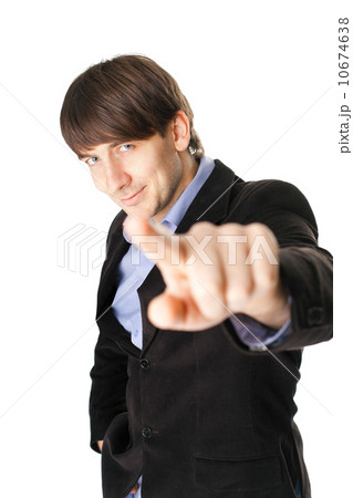Young business man pushing an imaginary button isolated on white Young business man pushing an imaginary button isolated on white 10674638