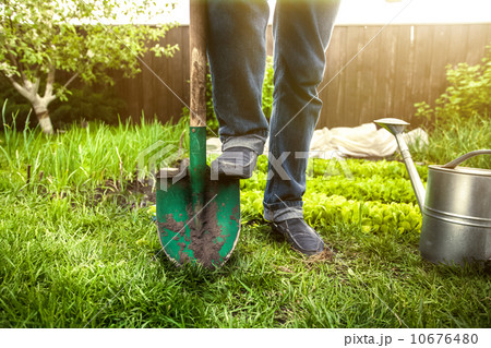 man holding foot on shovel at garden at sunny day man holding foot on shovel at garden at sunny day 10676480