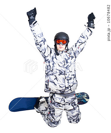 Portrait of handsome boy in sportswear with snowboard isolated o 10678482