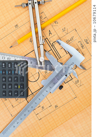 mechanical circuit, a ruler, compass, calipers mechanical circuit, a ruler, compass, calipers 10679114