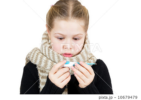 Sick girl with thermometer isolated on white background Sick girl with thermometer isolated on white background 10679479