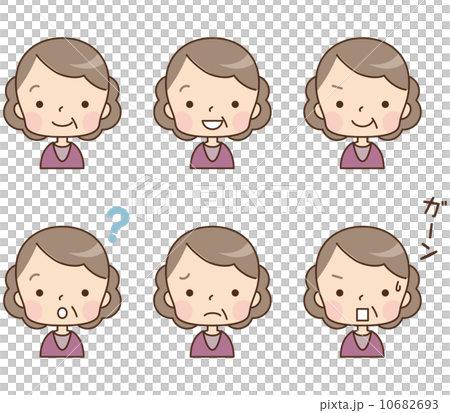 女性高齢者 顔 表情 セットのイラスト素材