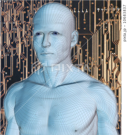 Digitally generated male figure against micro chip background 10683837