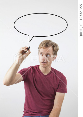 Portrait of man drawing speech bubble above his head 10684355