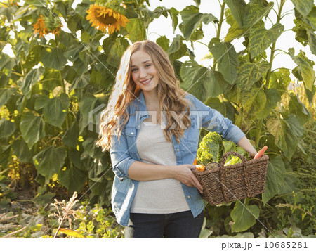 Portrait of young woman harvesting sunflowers 10685281