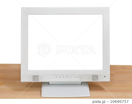 front view grey computer display on wooden table 10690757