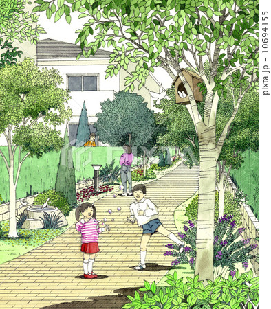 公園で遊ぶ兄弟のイラスト 家族 女性のイラスト素材