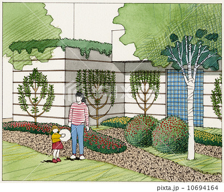 壁面を植物で飾ったエスパリエのある風景イラストのイラスト素材