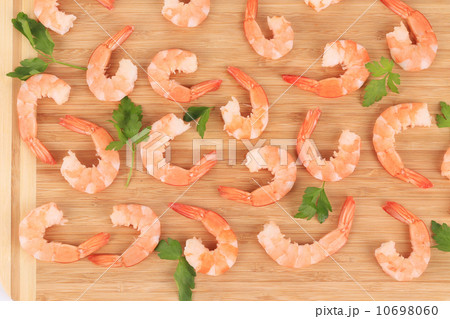 Boiled shrimps on cutting board. Boiled shrimps on cutting board. 10698060