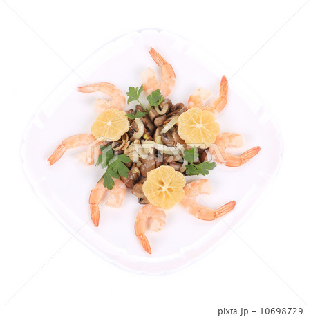 Shrimp salad with lemons and mushrooms. Shrimp salad with lemons and mushrooms. 10698729