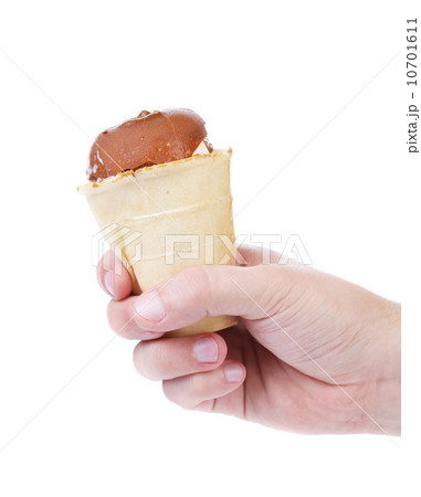 Hand holds waffle cup of chocolate ice cream. Hand holds waffle cup of chocolate ice cream. 10701611