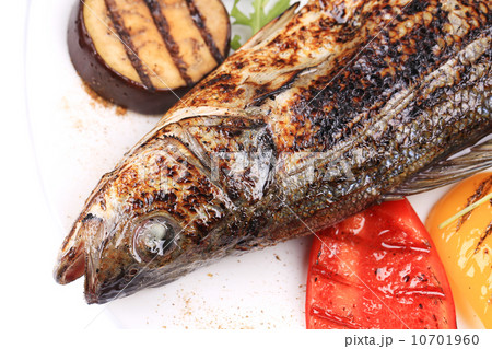 Grilled fish with eggplant. Grilled fish with eggplant. 10701960