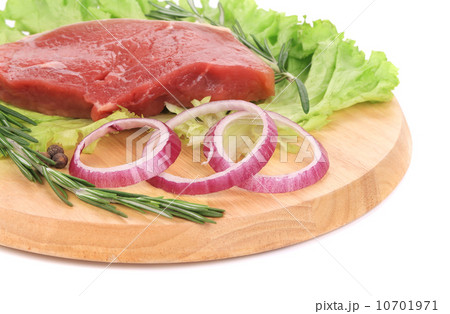 Raw beefsteak on platter. Raw beefsteak on platter. 10701971