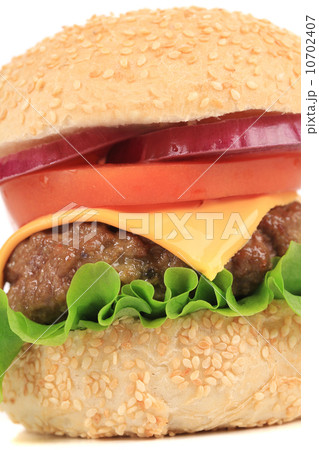 Tasty cheeseburger close-up. 10702407